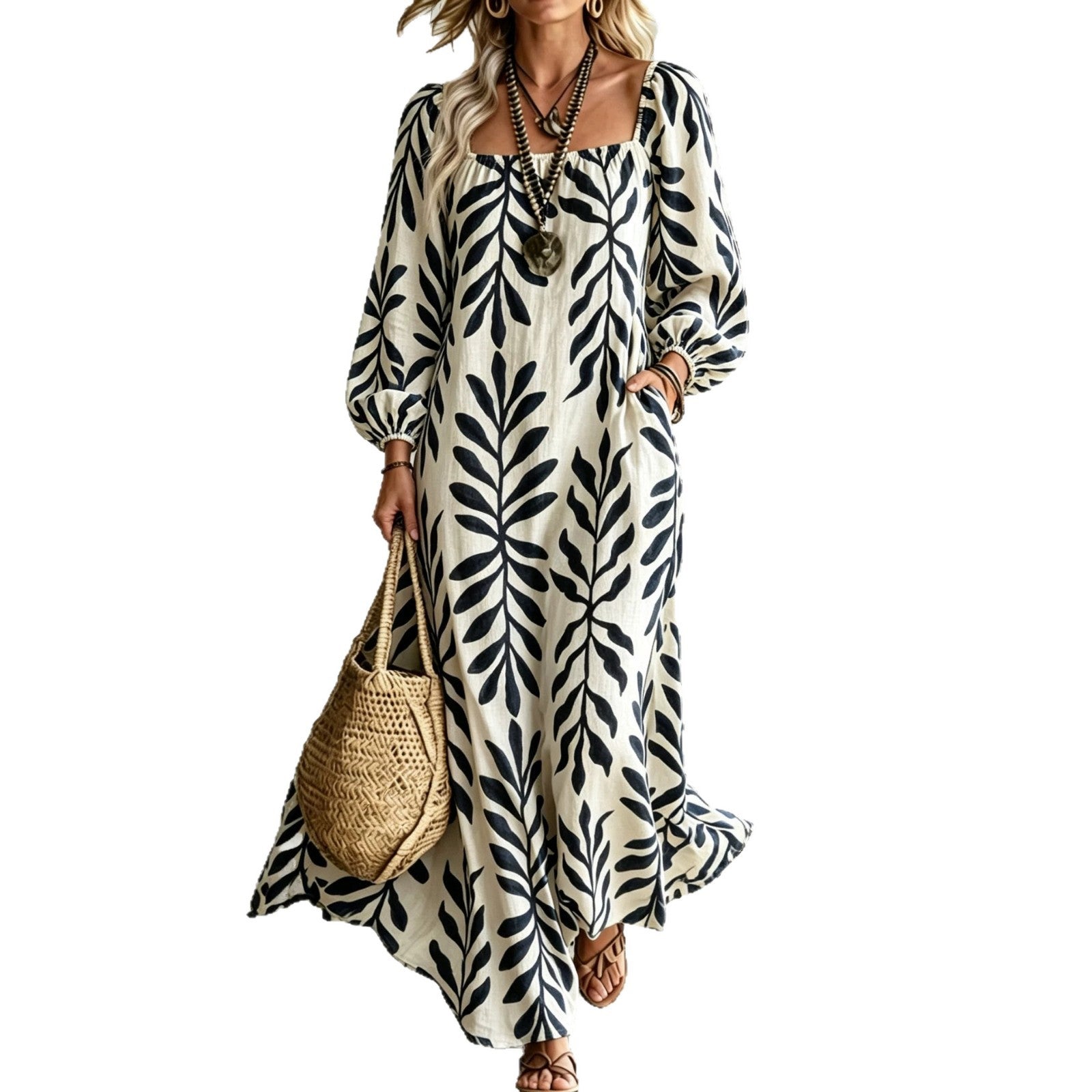 Printed Long-Sleeve U-Neck Pocket Dress For Women