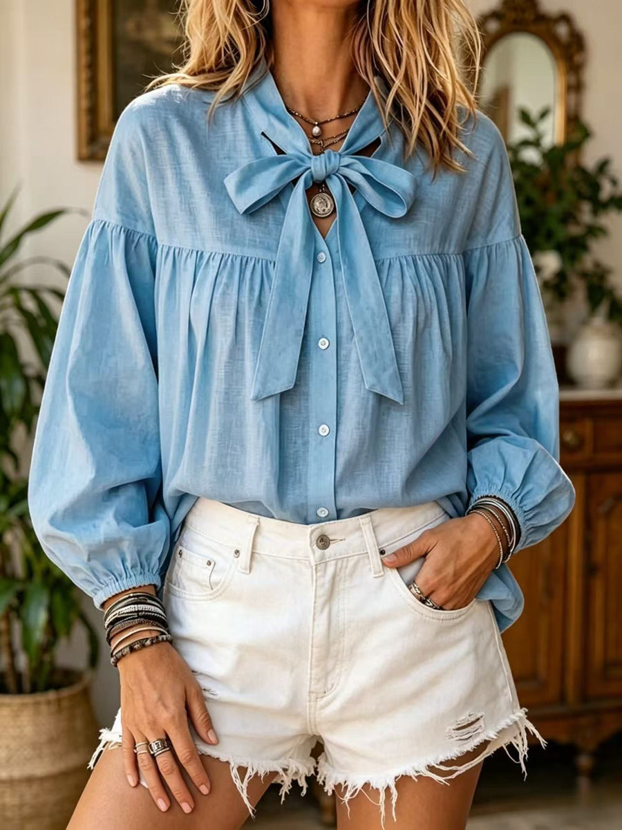 Bow-tie-laced Loose-fit Puff-sleeve Stand-collar Blouse