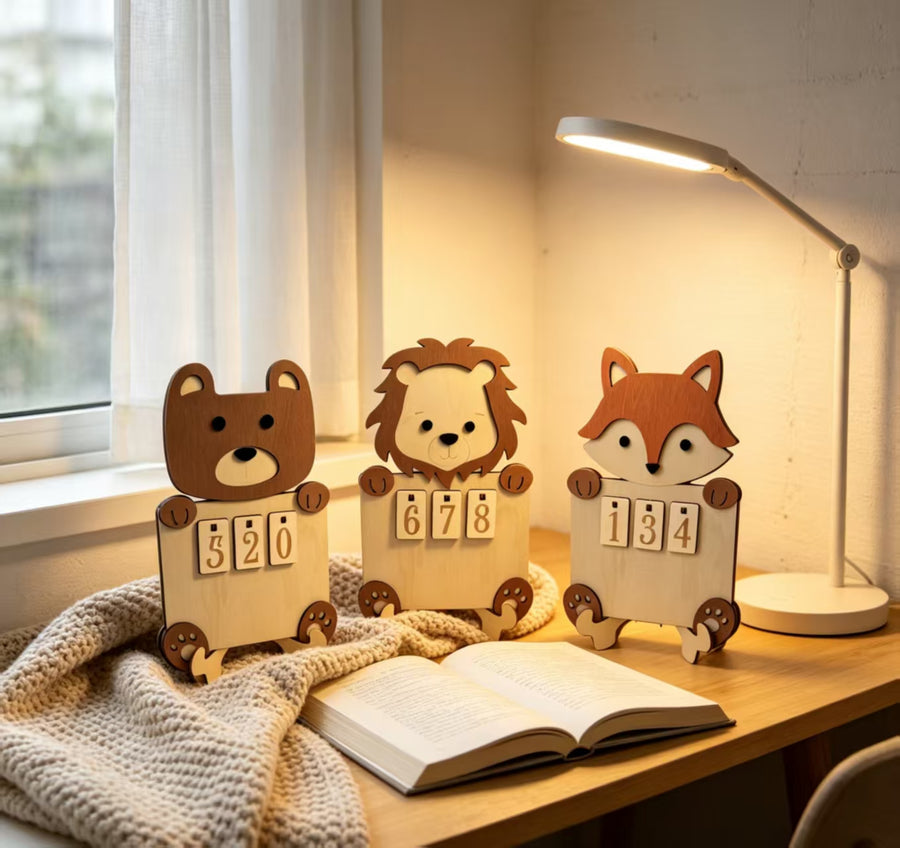 Houten dier lees bijhouder kalender beer vos