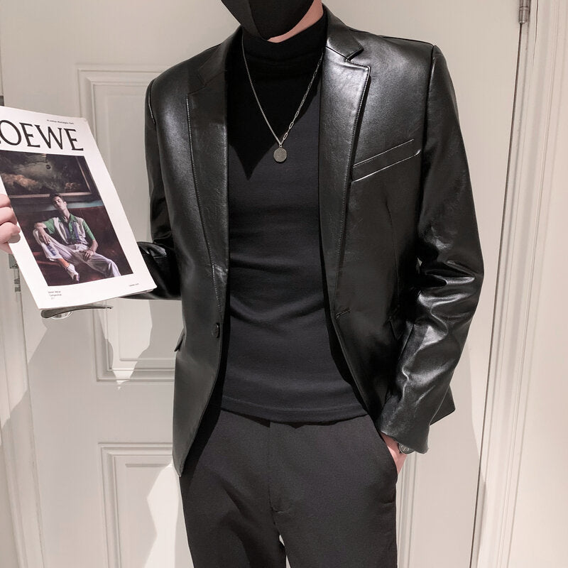 New Polo Collar Solid Color Leather Jacket Korean Slim PU Leather Jacket Men