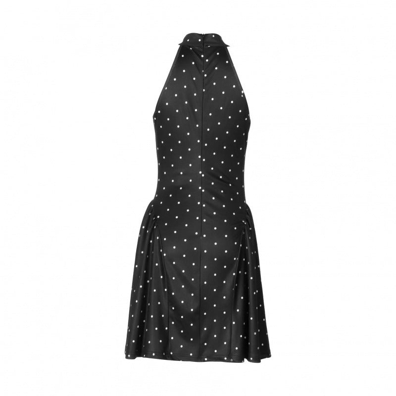 Sleeveless Waist-cinched Black Polka-dot Dress