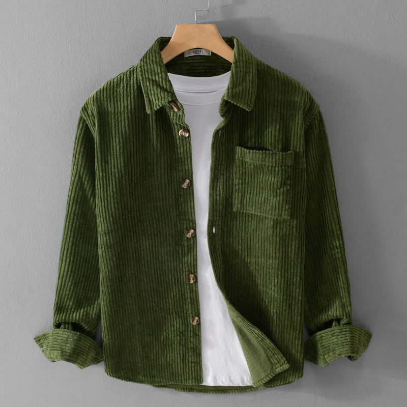 Winter Corduroy Shirt With Pocket Fashion Lapel Button Long Sleeve Top Men's Clothing