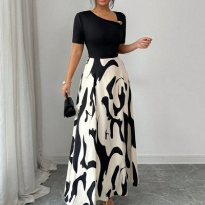 Womens Versatile Lace-up Waist-cinching Printed Dress