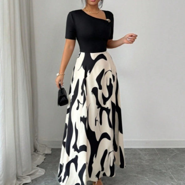 Womens Versatile Lace-up Waist-cinching Printed Dress