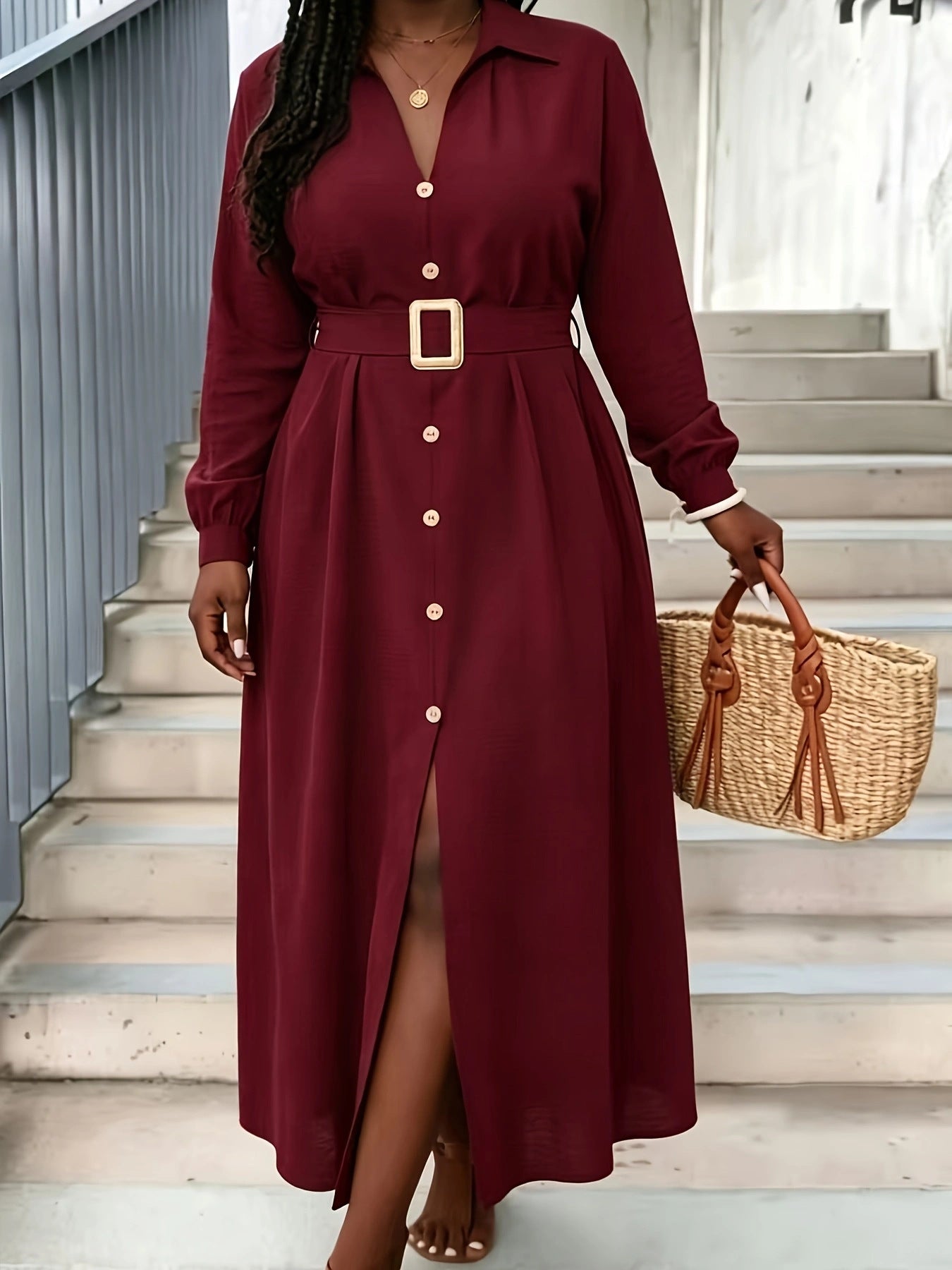 Waist-cinching Figure-flattering V-neck Long-sleeve Dress For Women