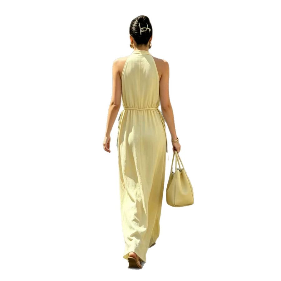 Halter Neck V Neck Waist Cinched Sleeveless Maxi Dress In A Vacation Style