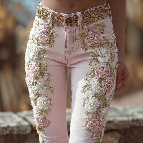Retro Embroidery Art Print Casual Pants