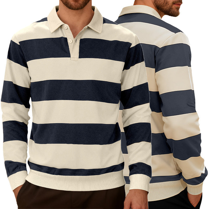 Men's Striped Color-blocked Button Long-sleeve Knit Shirt