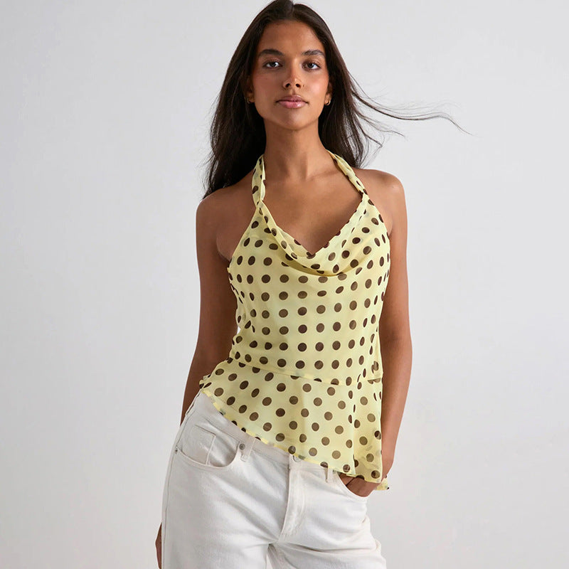 Womens Halter-Neck Strappy Backless Polka-Dot Printed Camisole