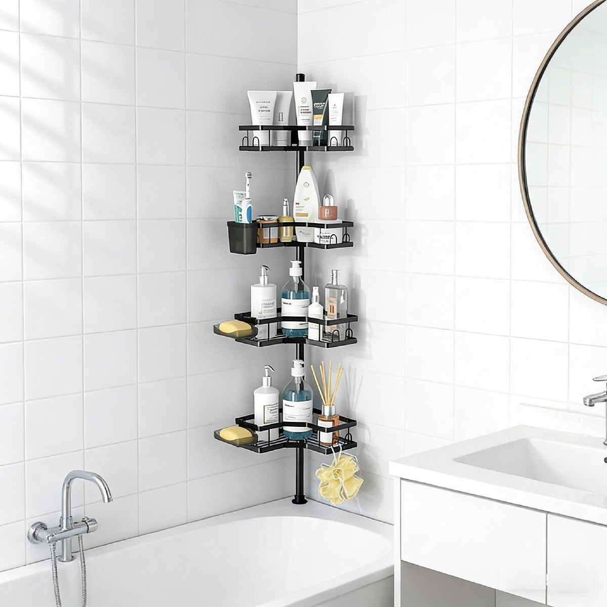Telescopic Shower Shelf No Drilling Required 4-Layer Black