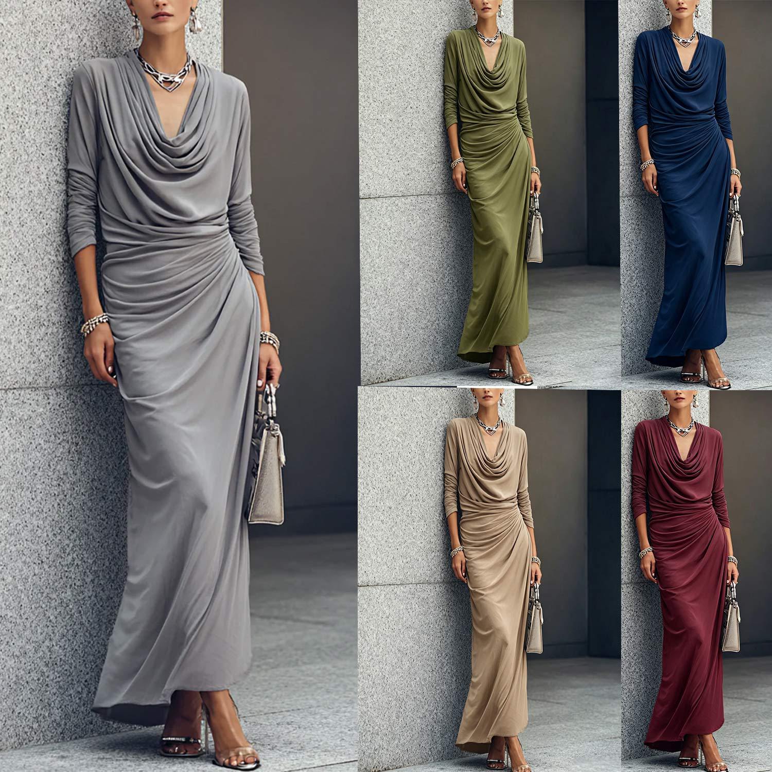 Women's Draped Boat-neck Long-sleeve Dress