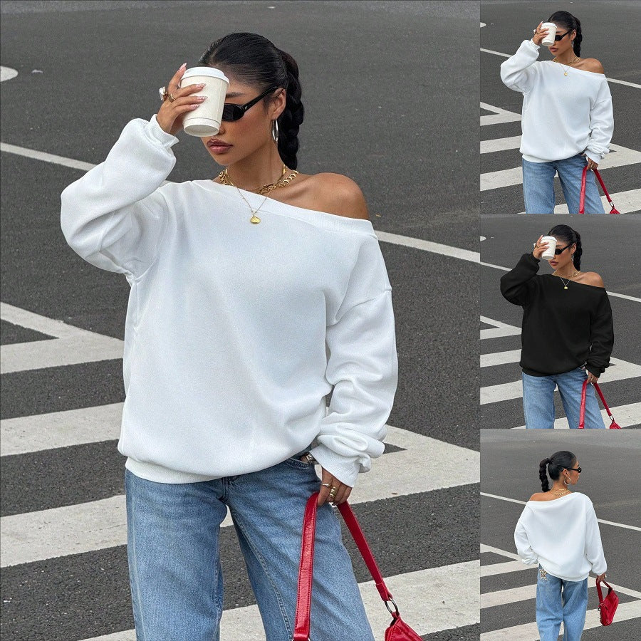 New Fallwinter Solid-color Loose-fit Off-shoulder Pullover