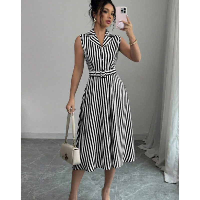 Womens Striped Waist-Cinching Elegant Dress