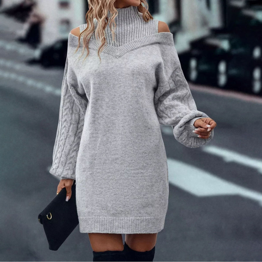 Off-shoulder Womens Pullover Mock Turtleneck Puff-sleeve Knit Sweater For Women