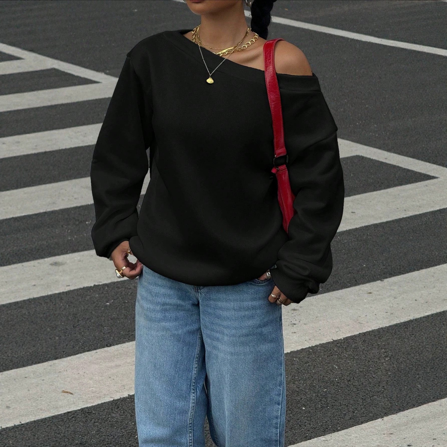 New Fallwinter Solid-color Loose-fit Off-shoulder Pullover
