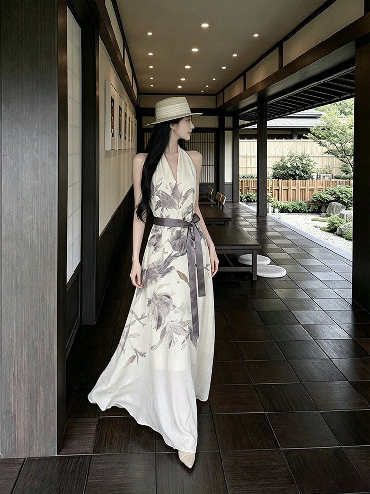 New Chinese-style V-neck Halter-neck Sleeveless Vest Dress