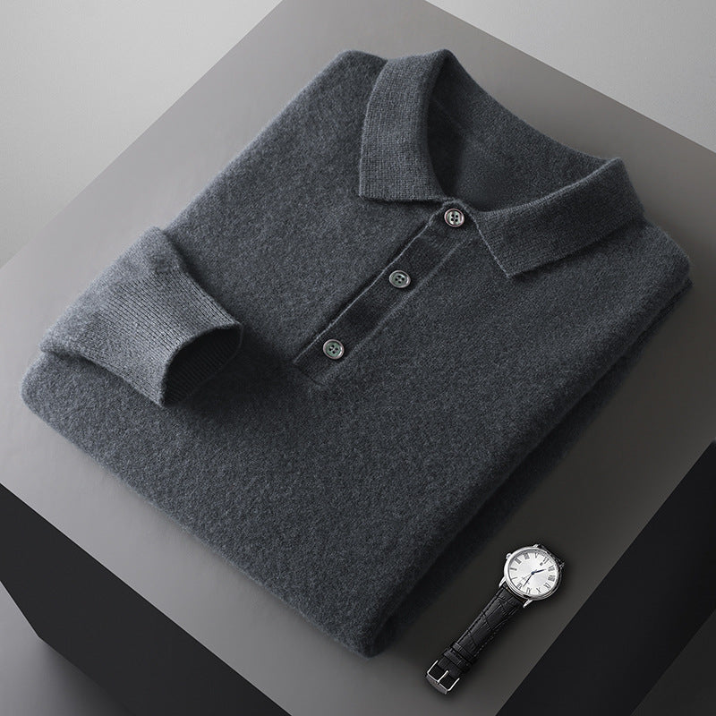Mens Solid-color Long-sleeve All-wool Polo-neck Sweater