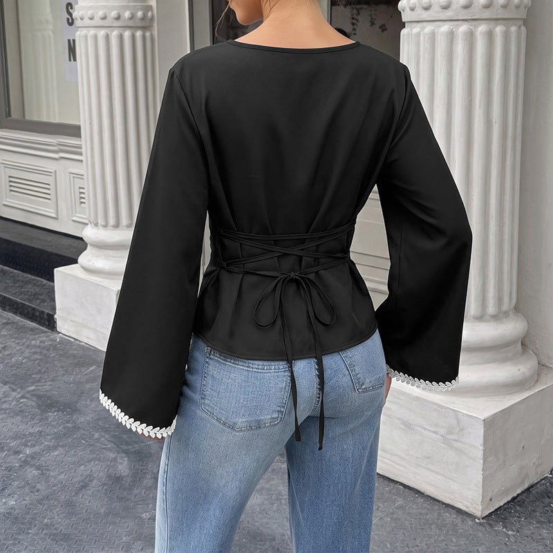 Lace-trimmed A-line Paneling Floral-edge Long-sleeve Blouse For Women