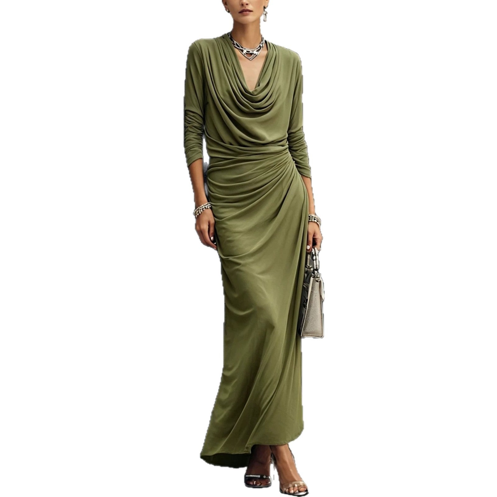 Women's Draped Boat-neck Long-sleeve Dress