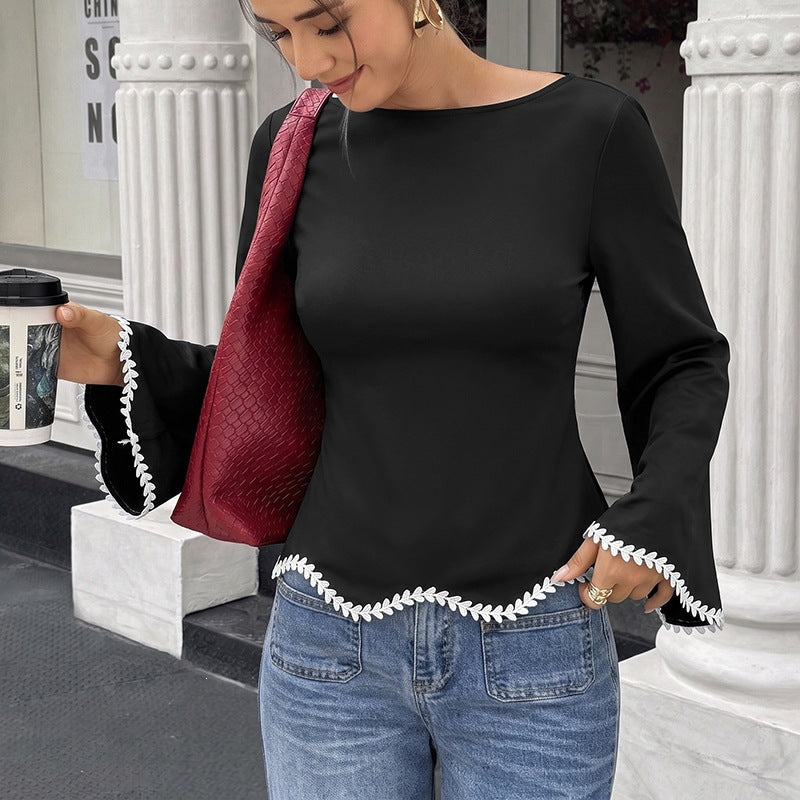 Lace-trimmed A-line Paneling Floral-edge Long-sleeve Blouse For Women