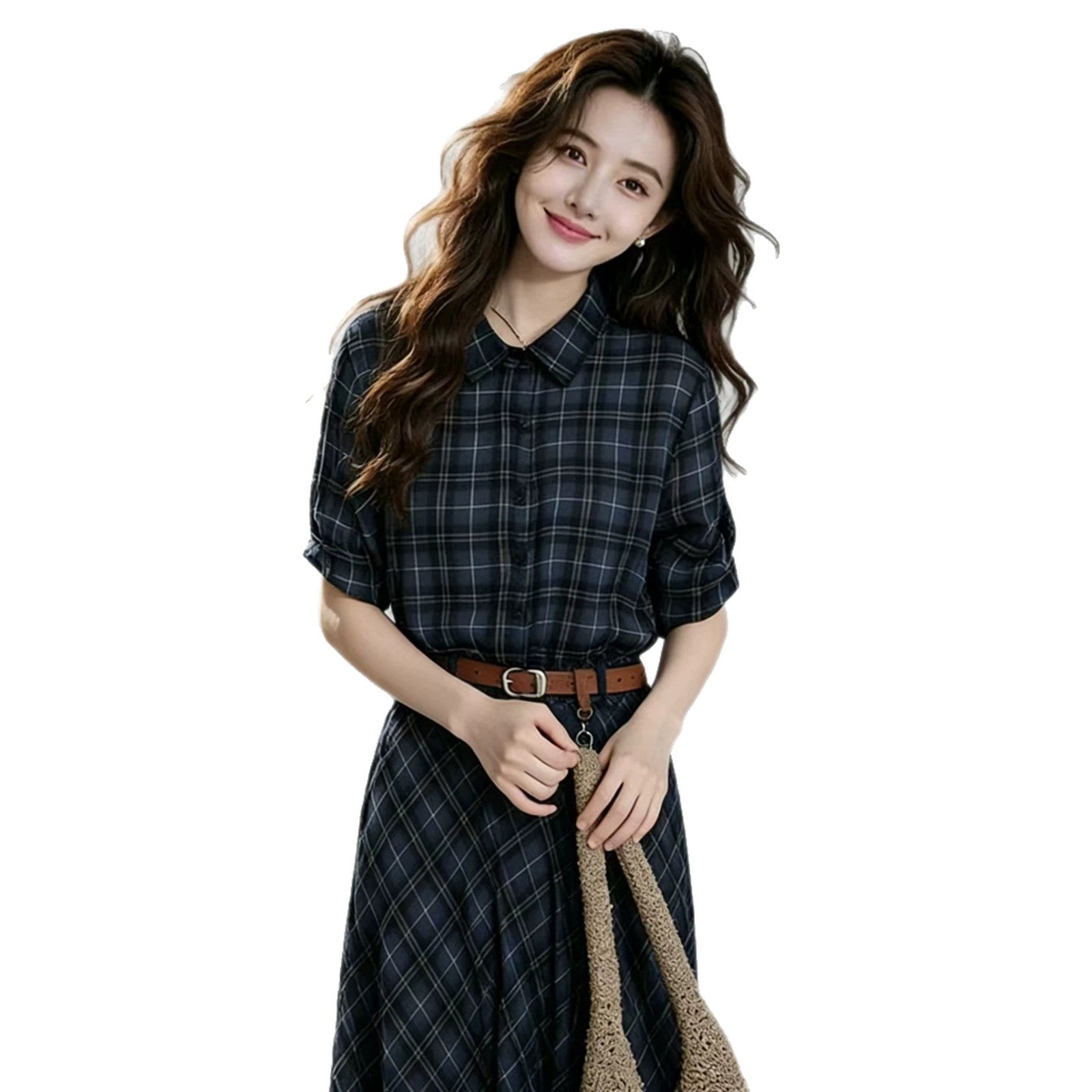 Women's Elegant Blue Plaid Shirt Dress