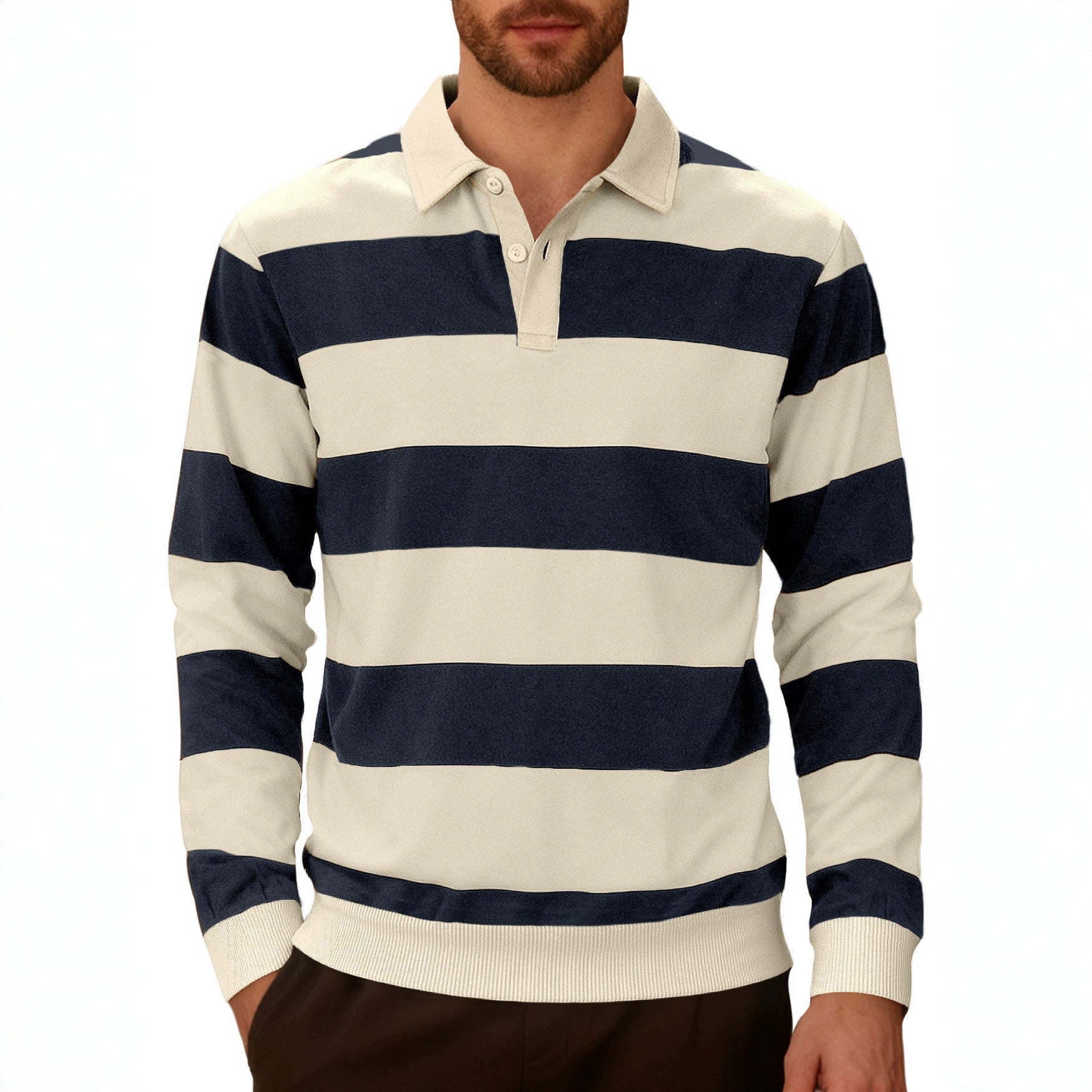 Men's Striped Color-blocked Button Long-sleeve Knit Shirt