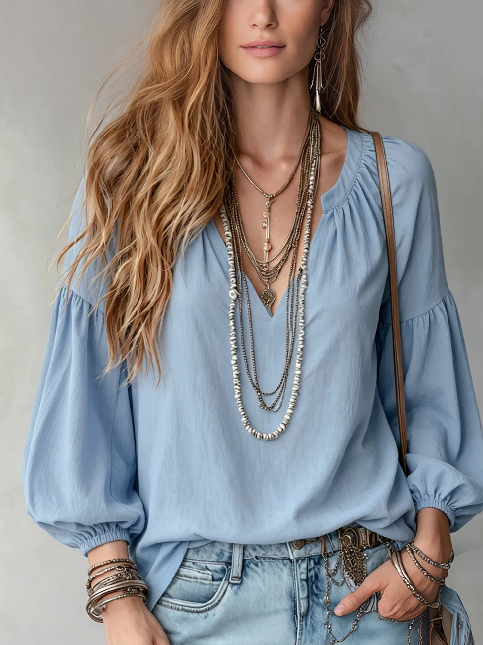 Womens Solid-Color Loose-Fitting Long-Sleeve V-Neck Shirt