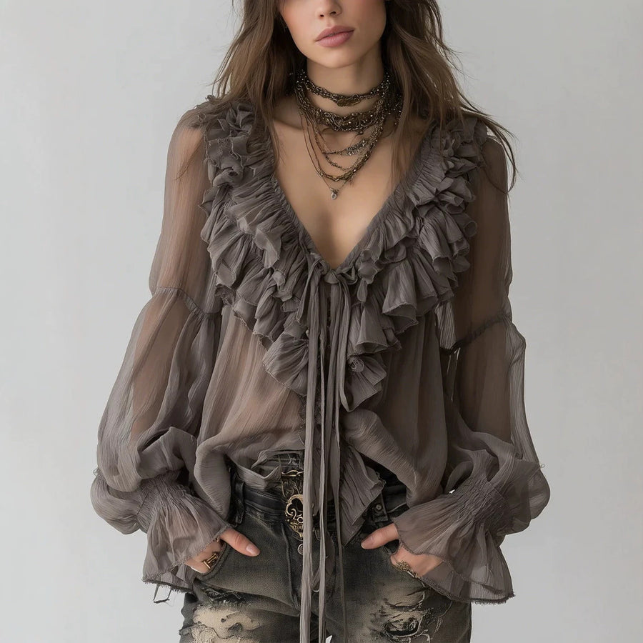 Gray-Brown V-Neck Multi-Layer Ruffled Lace-Up Long-Sleeve Blouse For Women