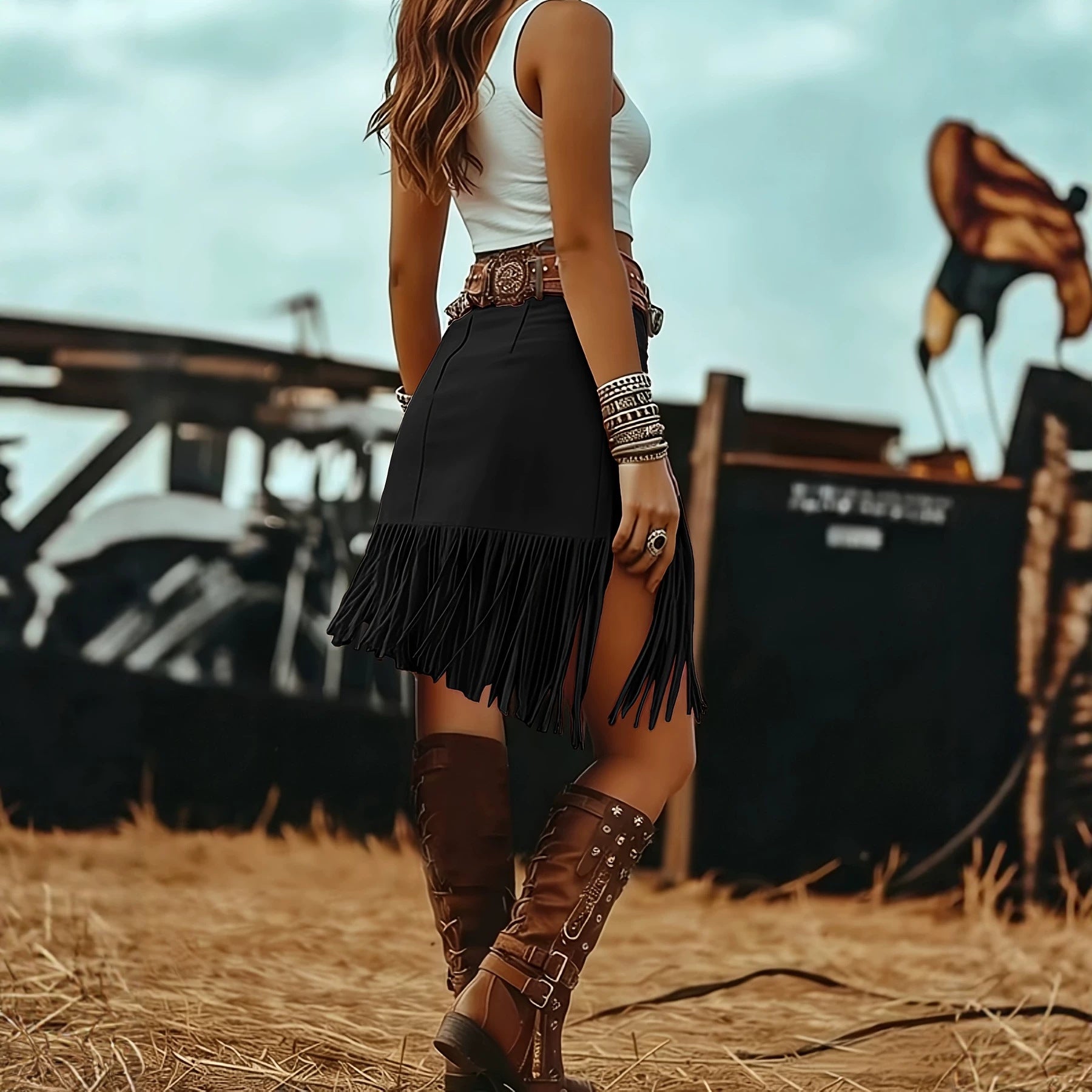 Womens Retro Irregular Western-Style Fringed Skirt