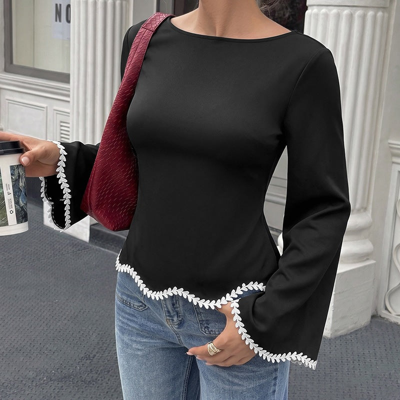 Lace-trimmed A-line Paneling Floral-edge Long-sleeve Blouse For Women