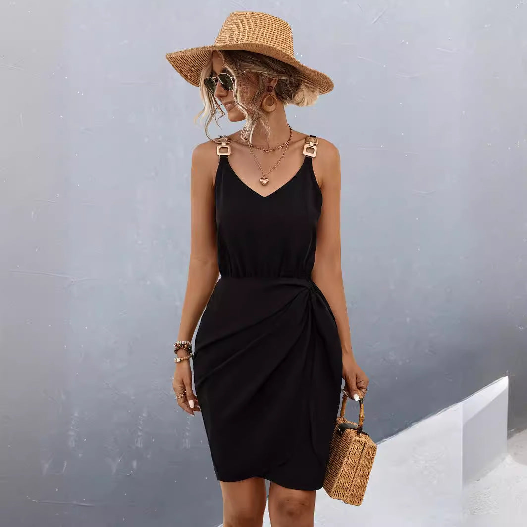 Womens Casual Wrap Dress With Metal Buckle