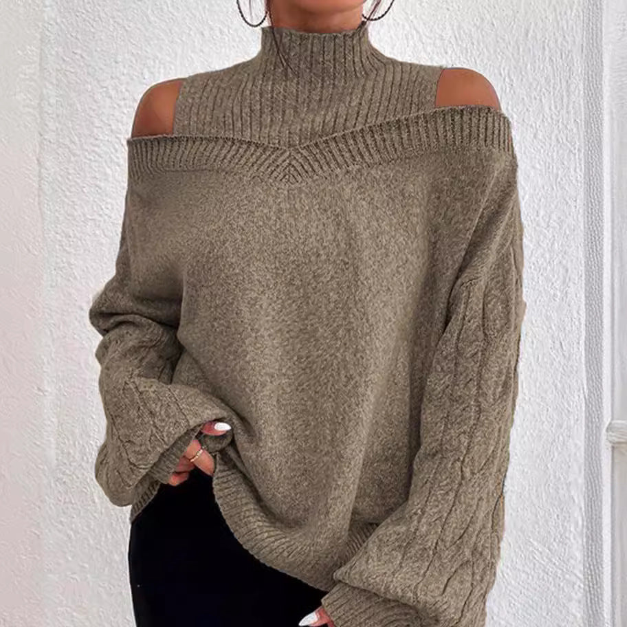 Off-shoulder Womens Pullover Mock Turtleneck Puff-sleeve Knit Sweater For Women