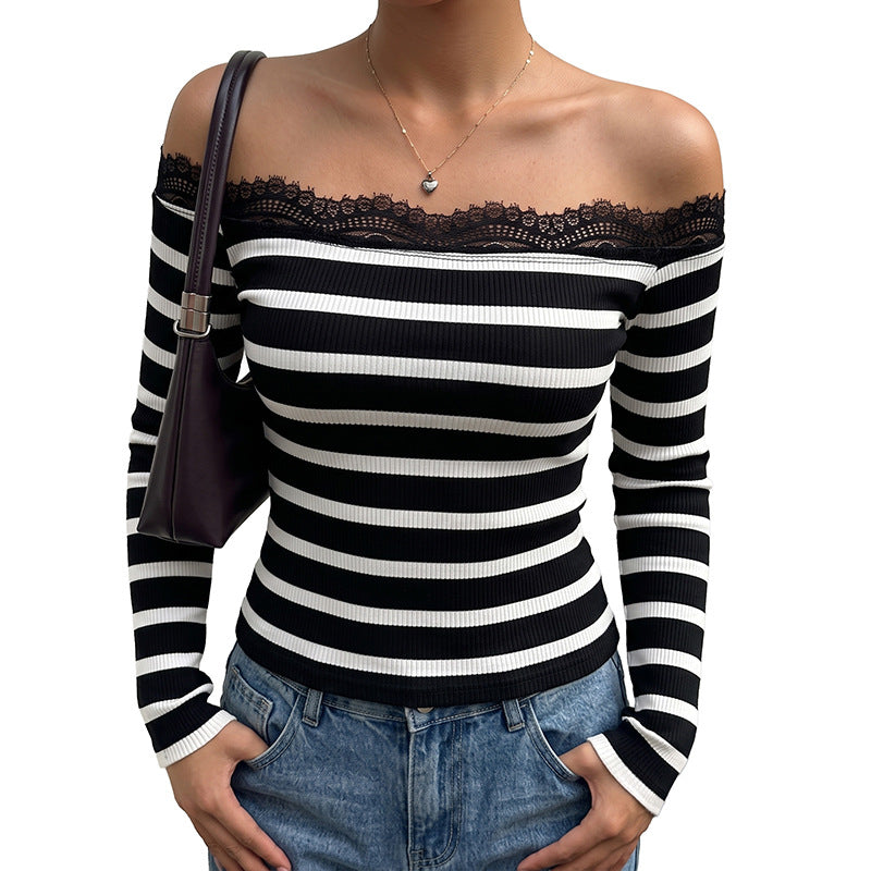 Off-shoulder Striped Lace Boat-neck T-shirt For Women