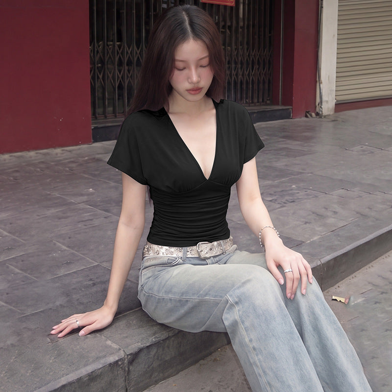 French-style V-neck Pleated Waist-cinching Figure-flattering Short Sleeve