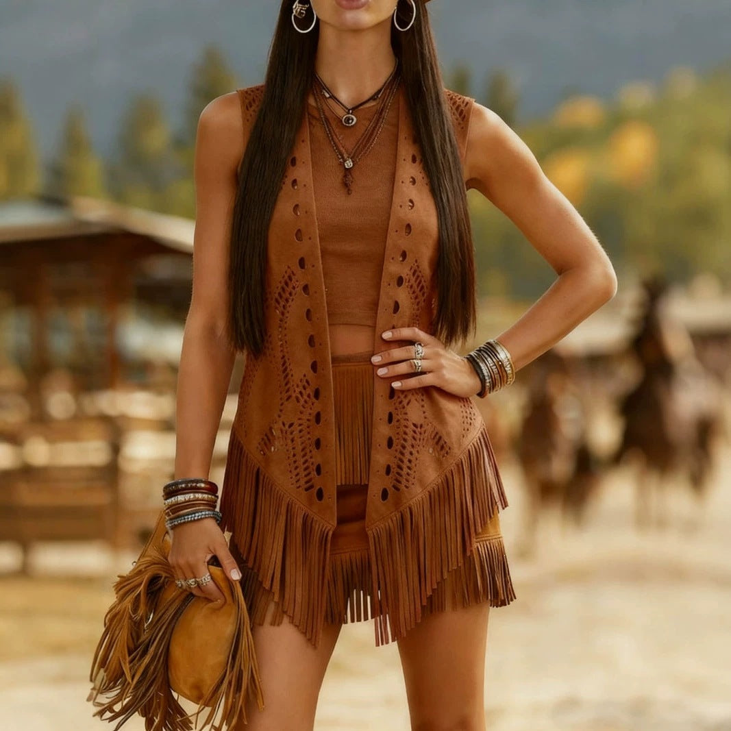 Womens Fashionable Retro Hollowed-out Tassel All-match Vest