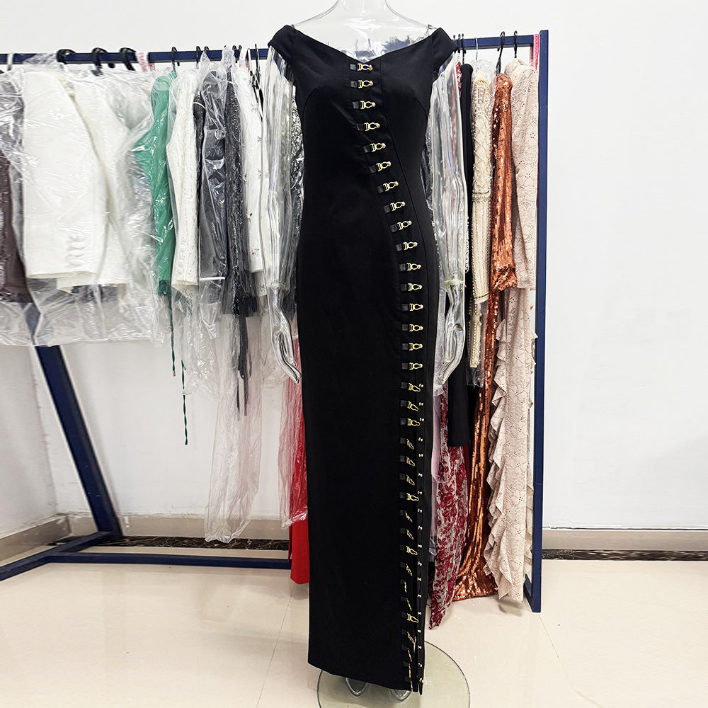 Metal Button-front Slit-fit Dress