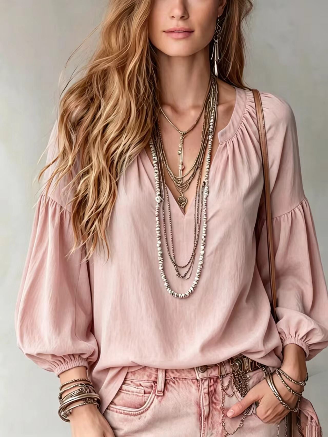 Womens Solid-Color Loose-Fitting Long-Sleeve V-Neck Shirt