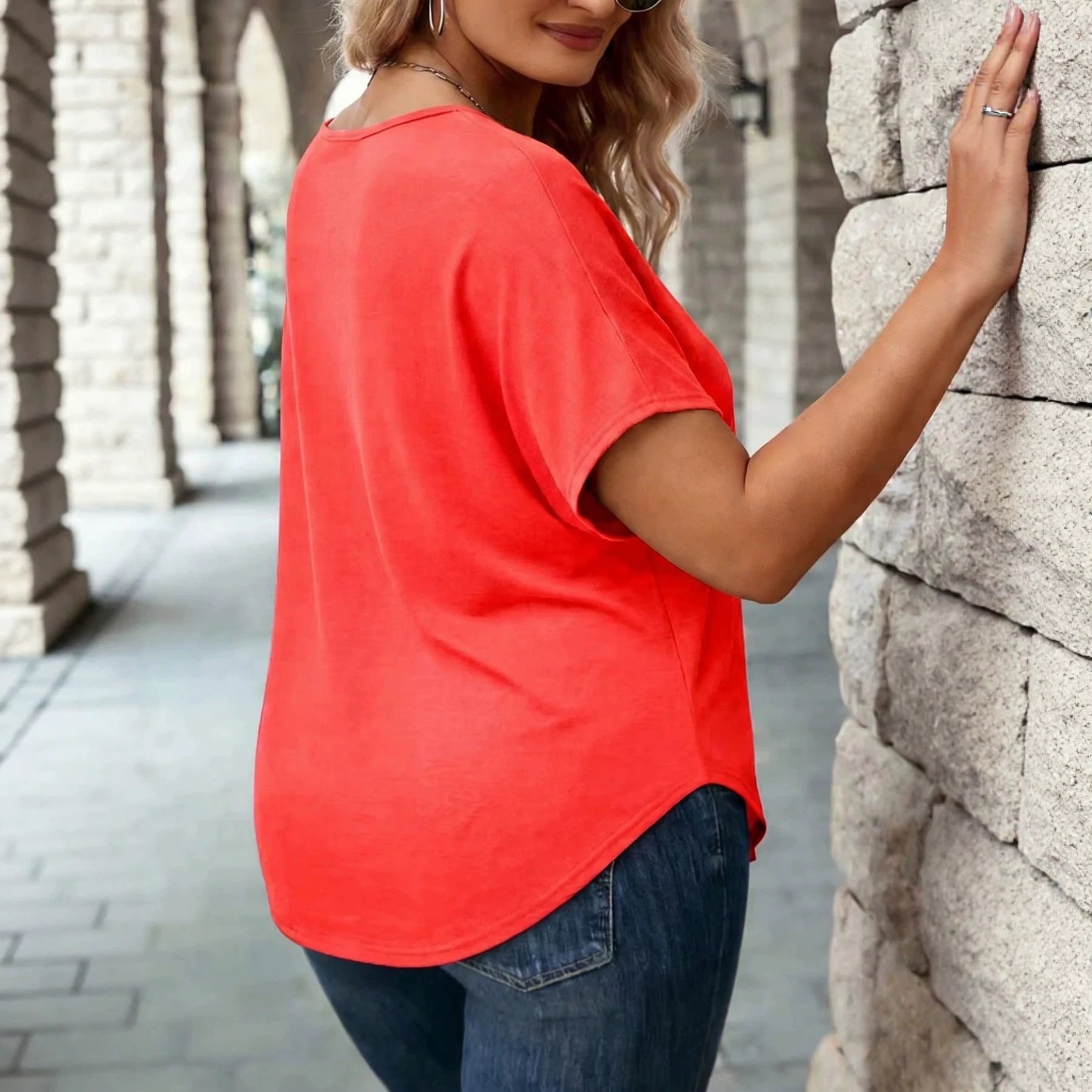 Womens Fashion V-neck Simple Three-button Solid-color Short Sleeve