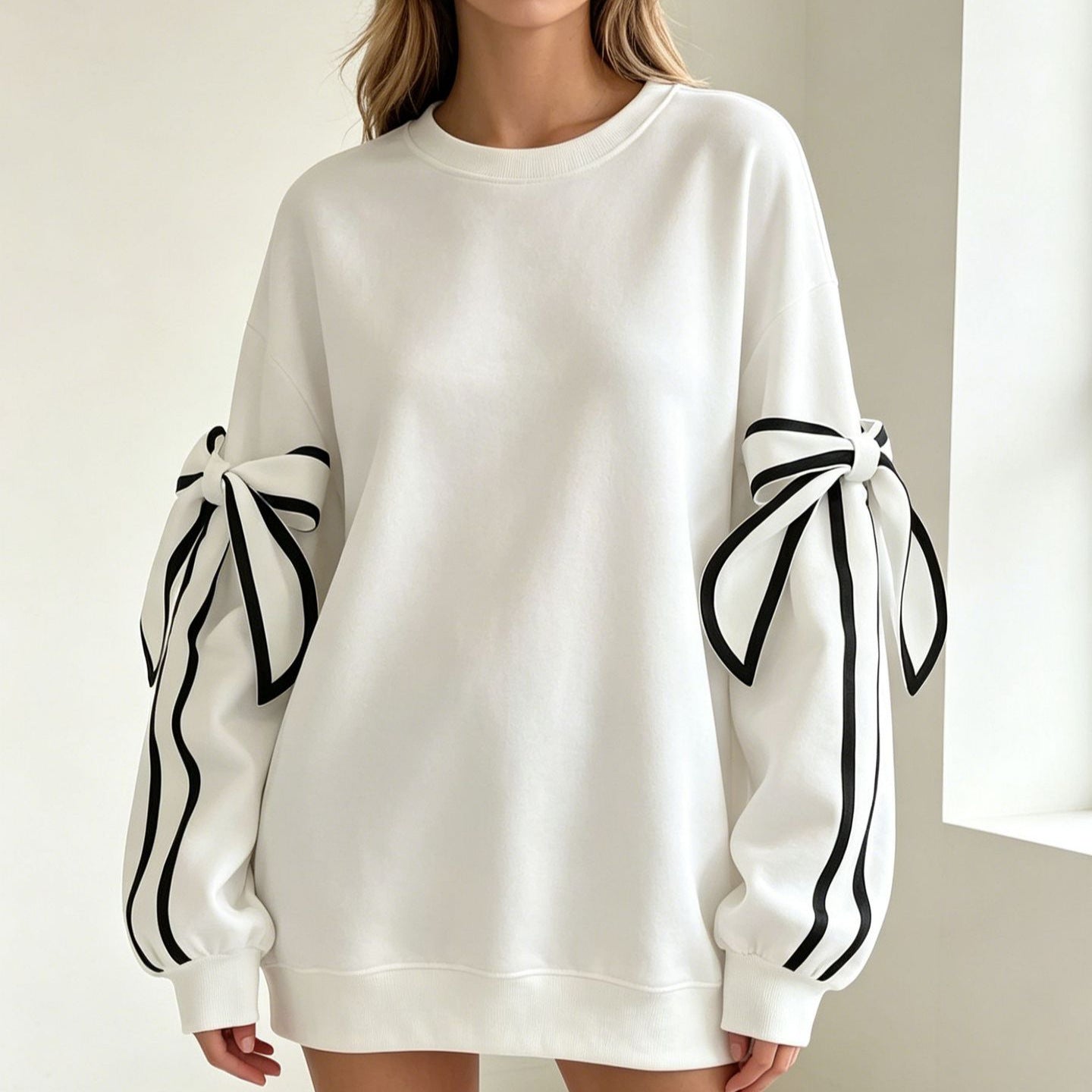 Fashion Casual Bow Round Neck Long Sleeve Sweater For Women