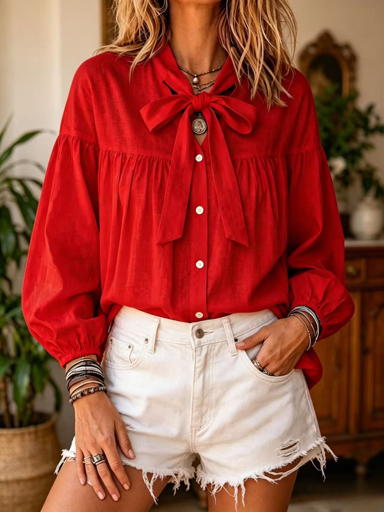 Bow-tie-laced Loose-fit Puff-sleeve Stand-collar Blouse