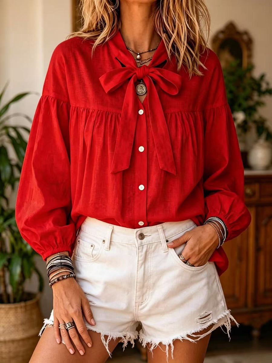 Bow-tie-laced Loose-fit Puff-sleeve Stand-collar Blouse