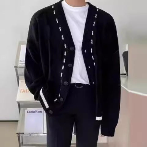 Mens Long-sleeve Cardigan Knit Sweater with V-neck