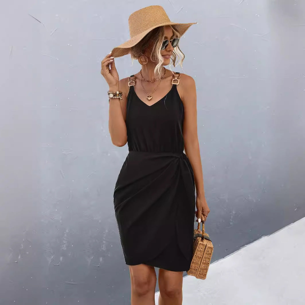 Womens Casual Wrap Dress With Metal Buckle