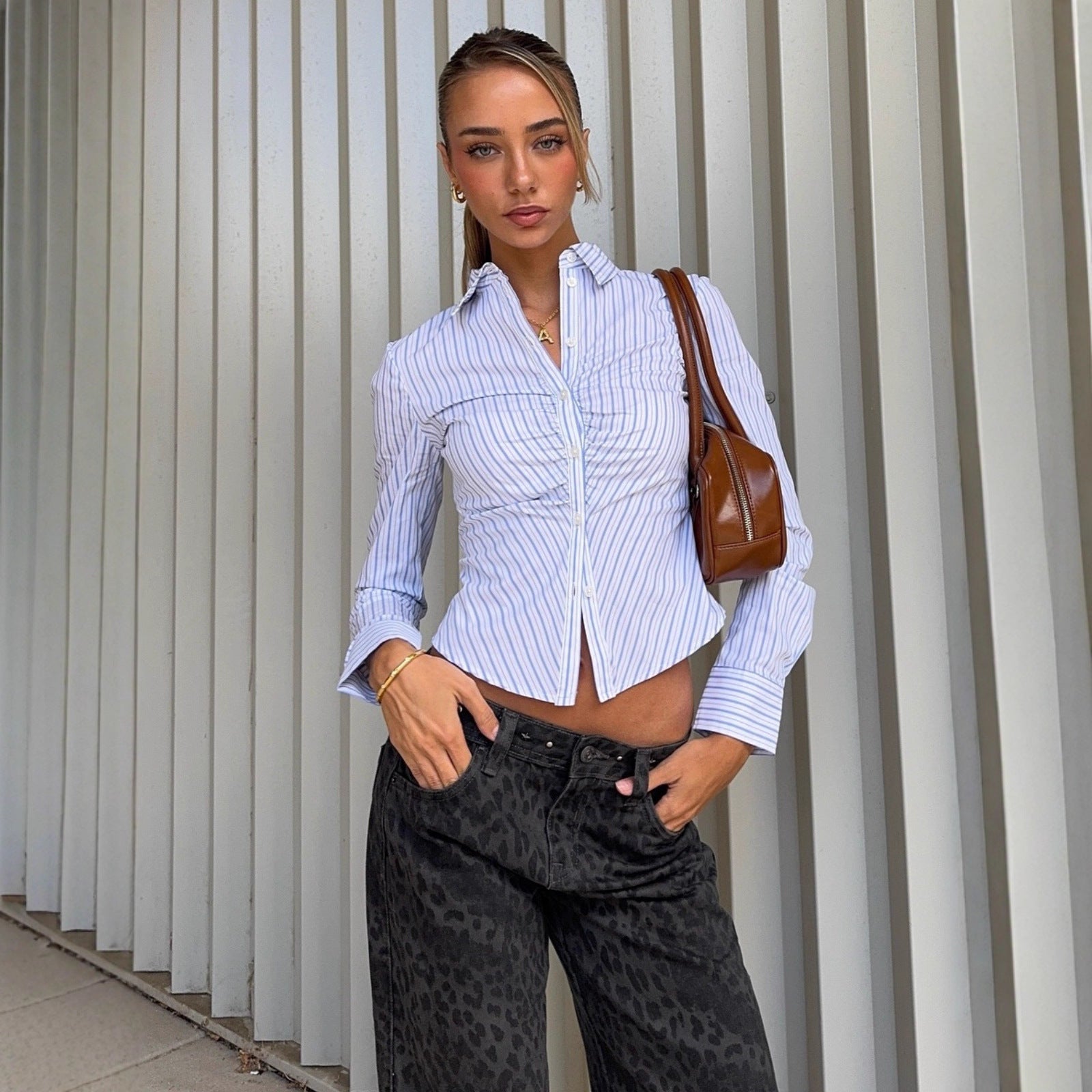 Womens Elegant Polo-collar Buttoned Cardigan Striped Long-sleeve Blouse Top