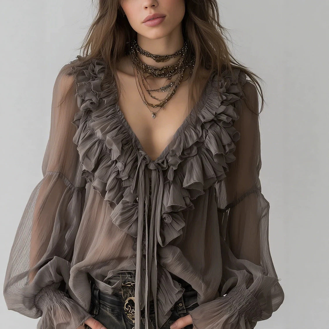 Gray-Brown V-Neck Multi-Layer Ruffled Lace-Up Long-Sleeve Blouse For Women