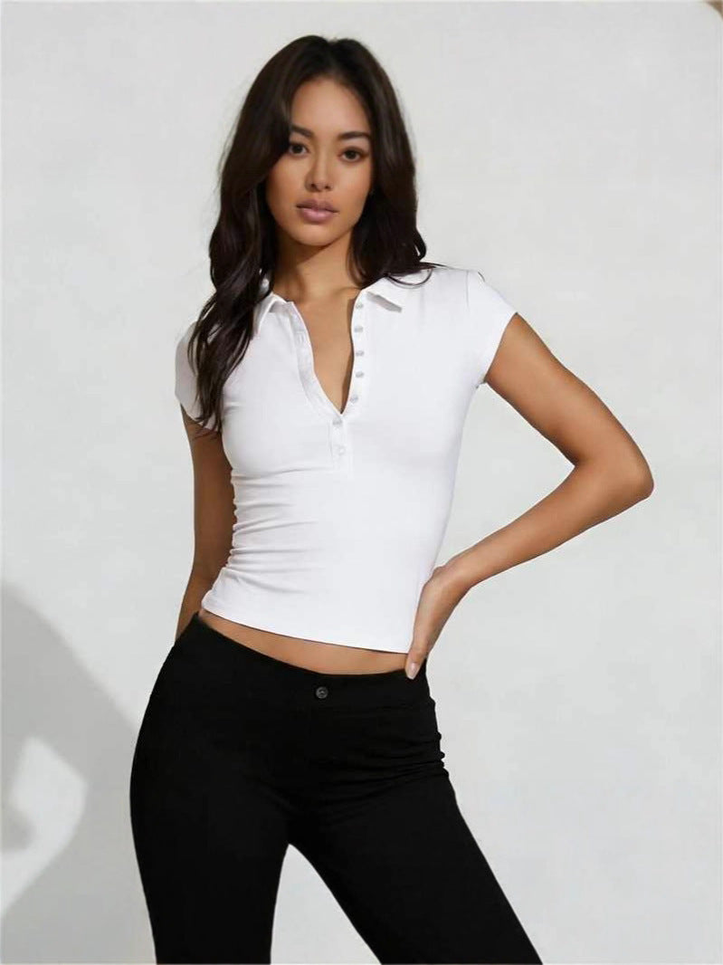 Womens Lapel Short-sleeve Top
