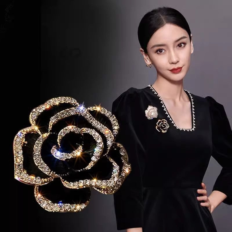 Camellia Flower Brooch High End Rhinestone Corsage Pin