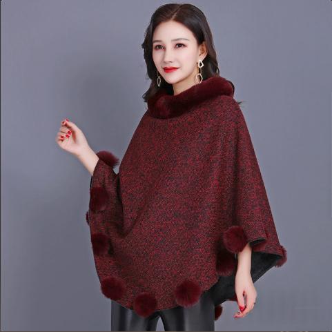 Women's Brown Mid-length Furry Ball Shawl Cape with Outerwear