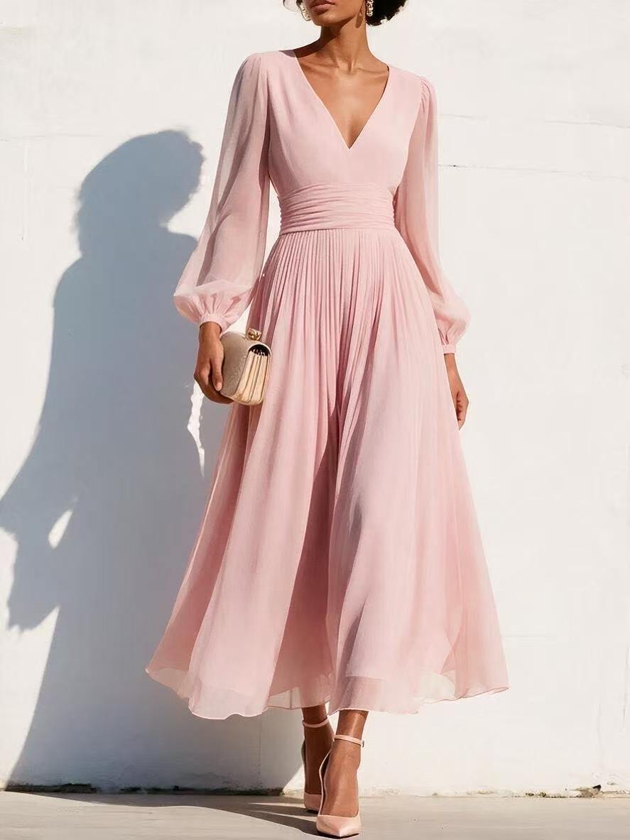 Fitted-waist Figure-flattering Pleated Dress