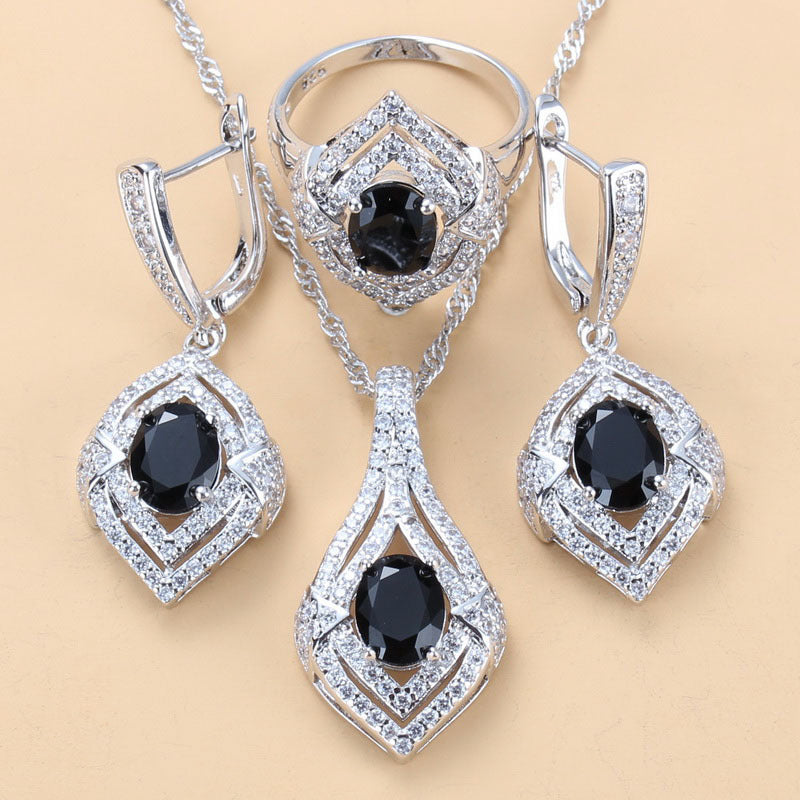 Gem-inlaid Pendant Earrings Necklace Ring Ladies Three-piece